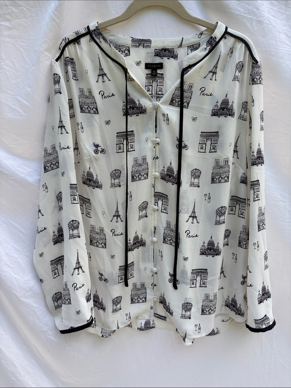 Talbots Black and White Paris Print Button-Front Blouse